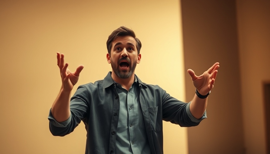 Dynamic stage performer gesturing expressively in minimalist theater set.