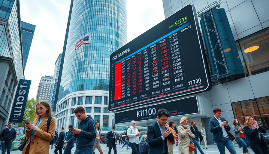 Modern city with stock market display, relevant to Trump tariffs and trade deficits