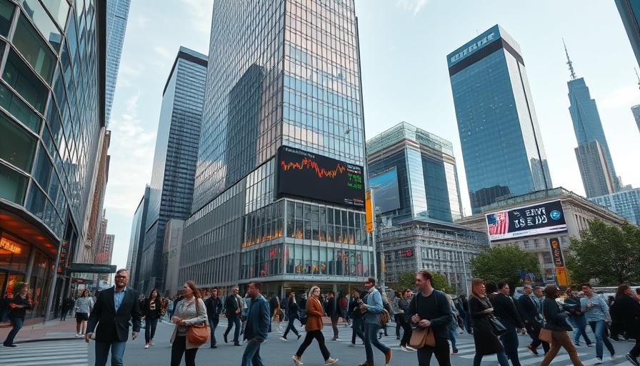 Urban scene with modern building and stock market display, Japan real wages inflation impact.