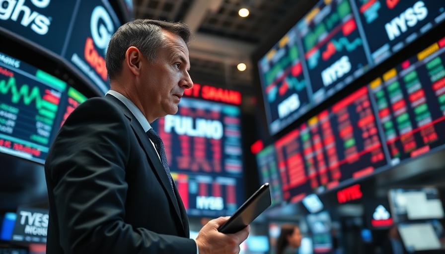 Stock trader analyzing data on vibrant exchange floor.