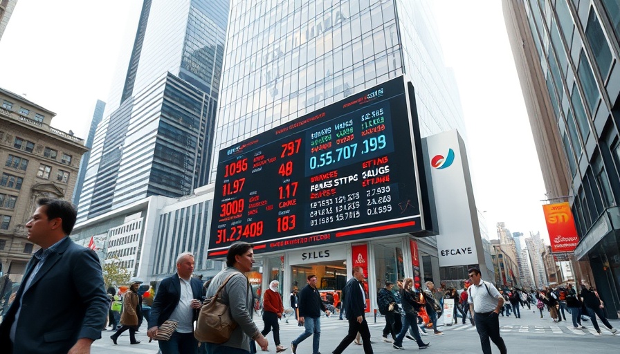 People walking by stock ticker display in modern city, stock market news.