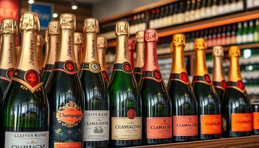 Liquor store display with champagne bottles, stock market news.