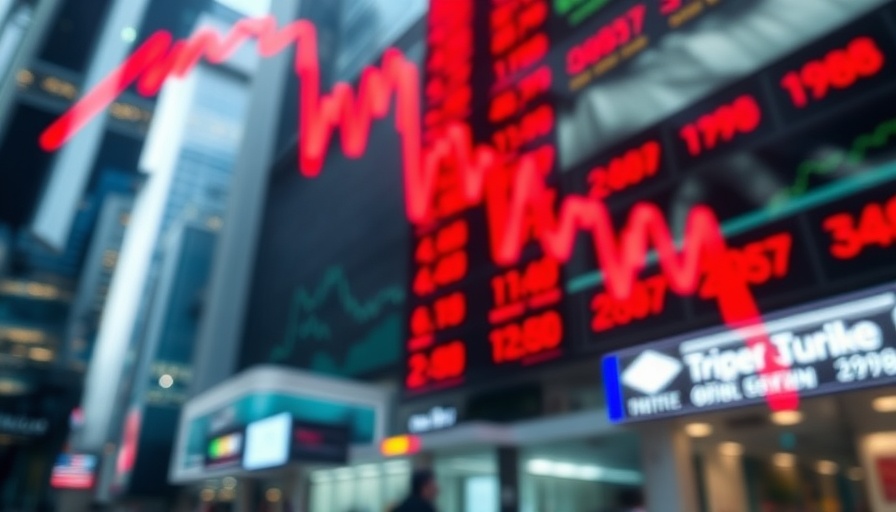 Blurred stock market board with red downward trends, showing market volatility.