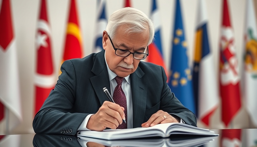 Elderly man signing a document in front of flags.