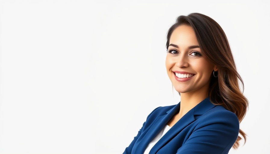 Confident woman in blue suit smiling in professional portrait, AI tool for employee feedback.