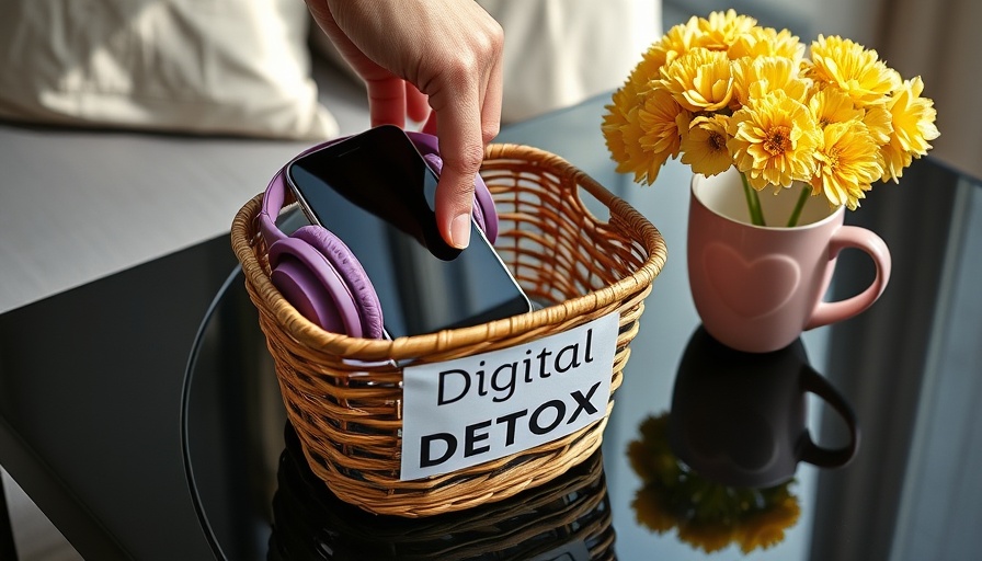 Hand placing phone in digital detox basket with headphones.