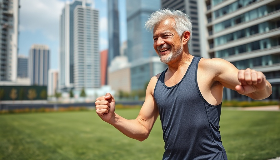 Senior exercising outdoors in urban senior living community.