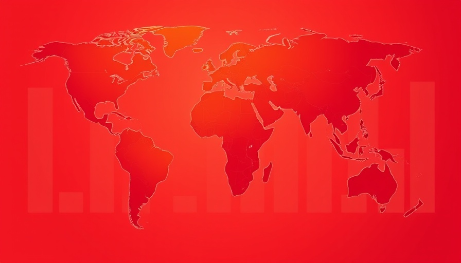 Stylized red map illustrating global trade war impact on Chinese stocks.