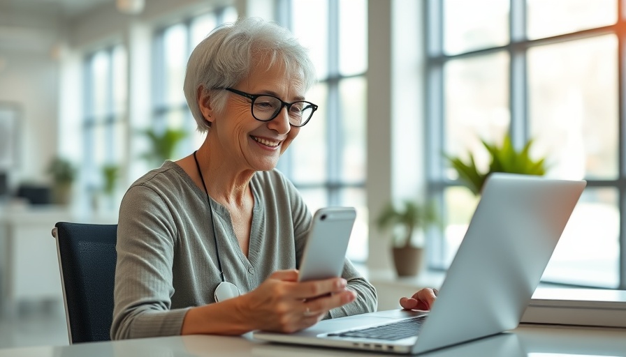 Older woman using phone and laptop to save cash.