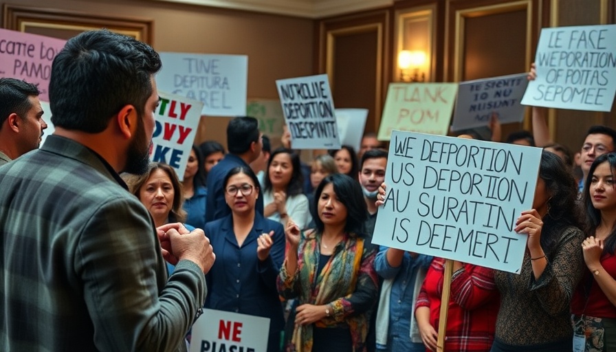 Diverse group advocates against deportation policies in an indoor rally.
