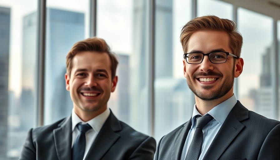 Confident businessmen in office with city backdrop, data-driven investing.