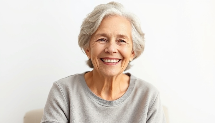 Warmly smiling older woman in red sweater with a cheerful expression.
