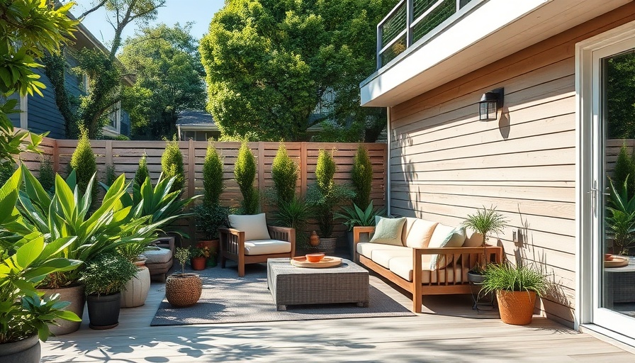 Modern patio design with seating and greenery for pating design ideas.