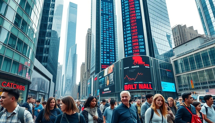 Diverse individuals pass a digital stock market display in a bustling cityscape