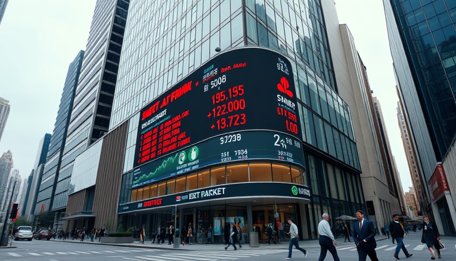 Tall glass skyscraper with stock market ticker and people.