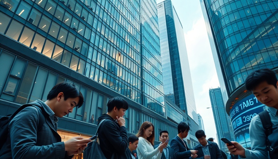 Urban skyscraper with stock ticker, people near misinformation on WeChat.