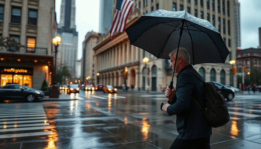 Person with umbrella walking by historic building, evening setting.