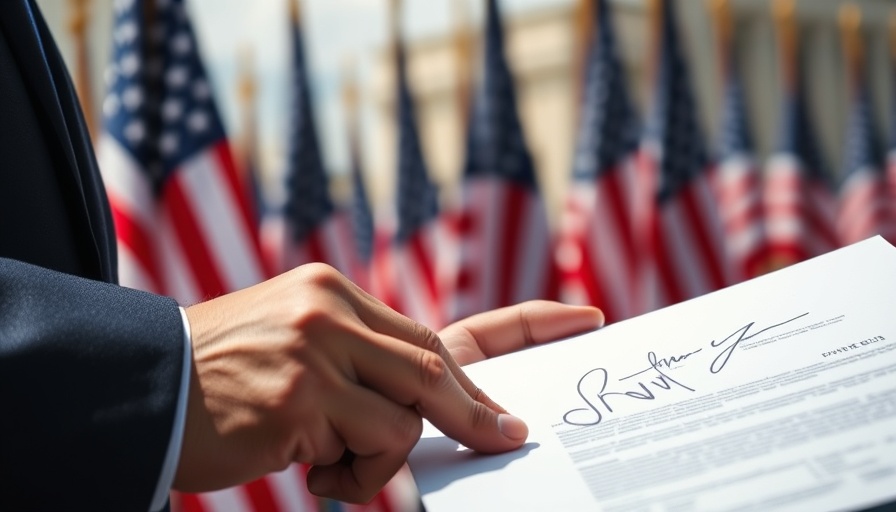 Close-up of signed document affecting Bay Area business with American flags.
