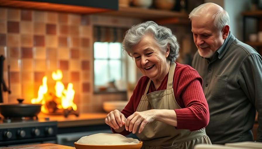 Elderly woman making dough in kitchen with older man, demonstrating Corporate Social Responsibility in Philanthropy.