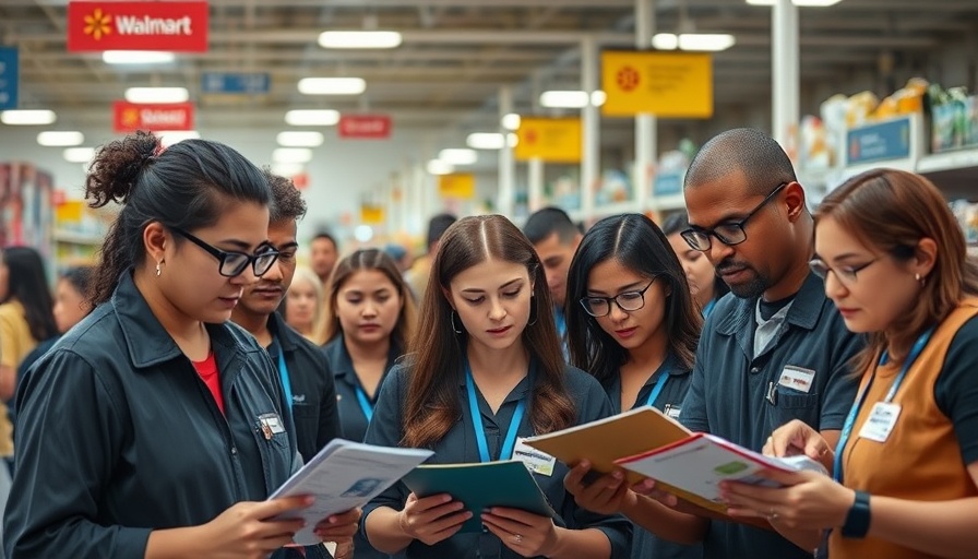Walmart employees engaged in document discussion, retail setting.
