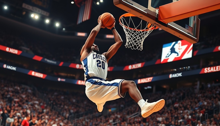 NCAA player slam dunk in championship, vibrant arena action.