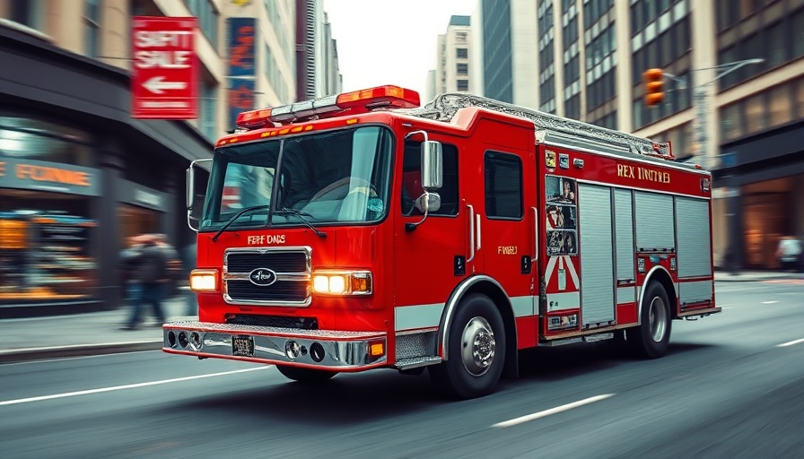 Local news updates featuring moving fire truck in urban scene.