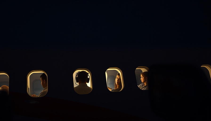 Passengers visible through dimly lit airplane windows at night.