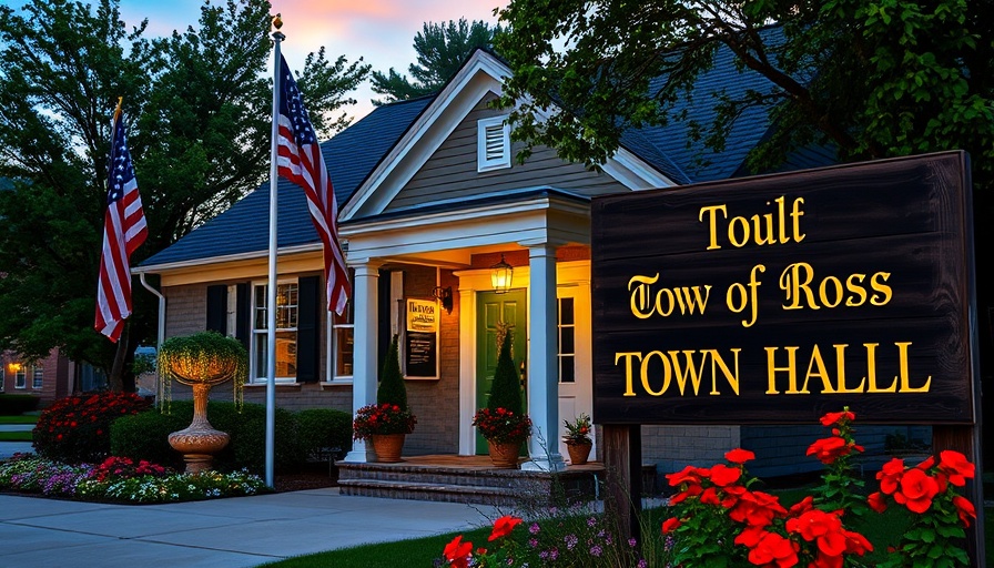 Local news: Town hall entrance at dusk with a flag and sign.