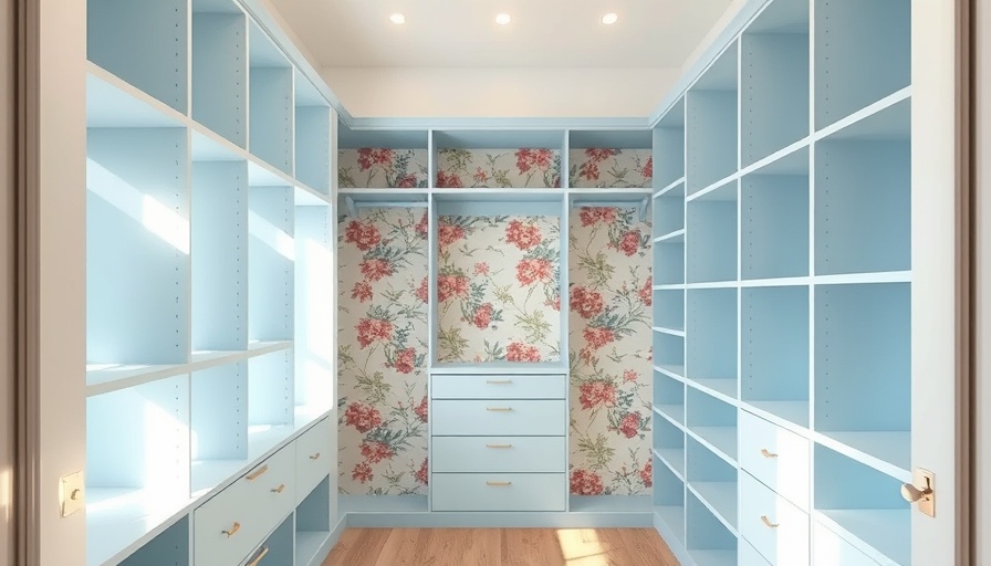 Walk-in closet paint color options with light blue shelving and floral wallpaper.