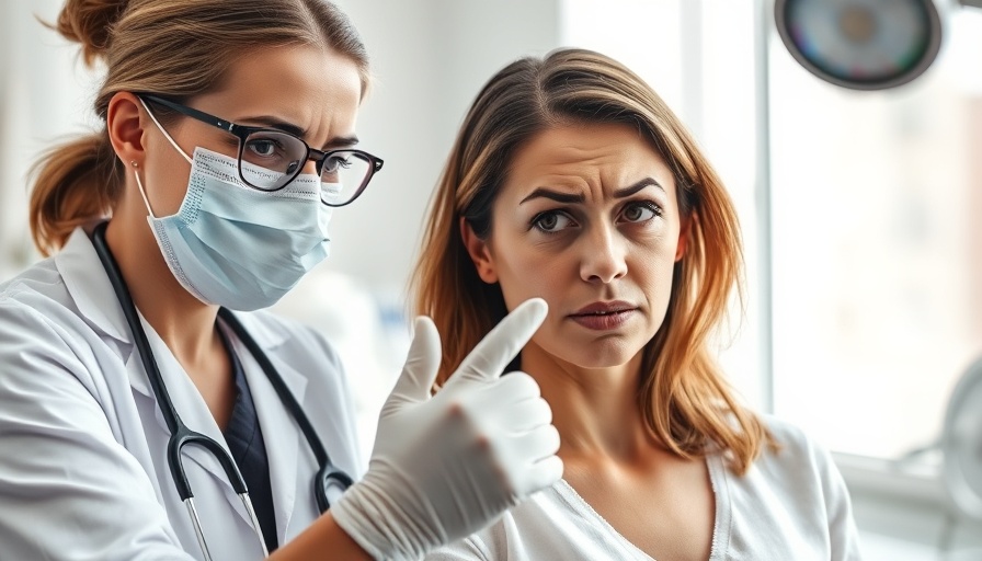 Doctor examining patient for sore throat cancer risk in clinic.