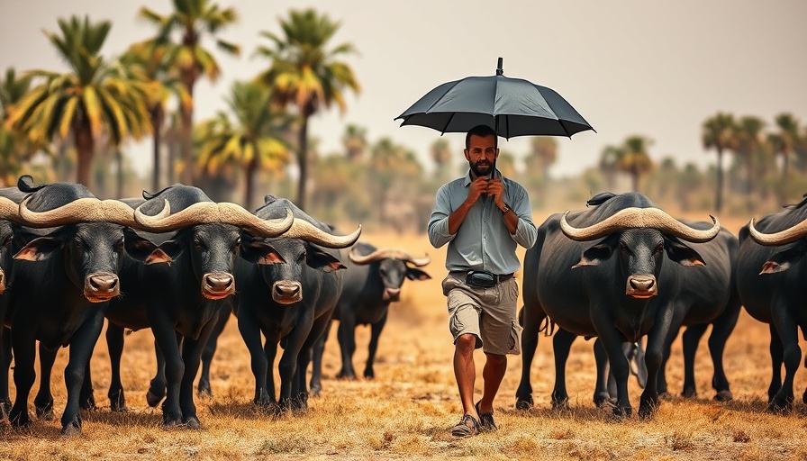 Man leading buffaloes in dry field under sun, India heatwave preparedness.