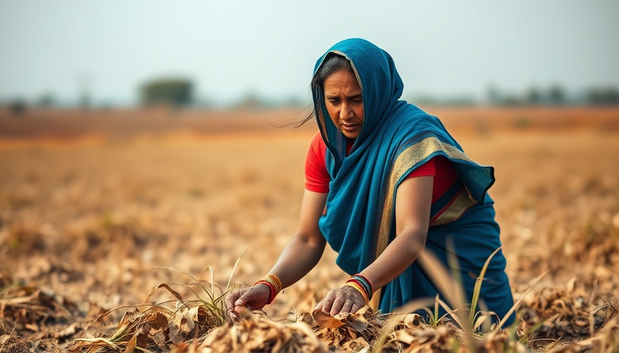 Woman in traditional blue sari tending dry field, Uttarakhand climate crisis.