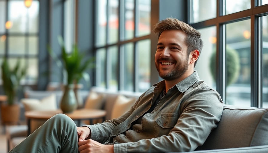 Casual man sitting indoors in a cozy setting, smiling.