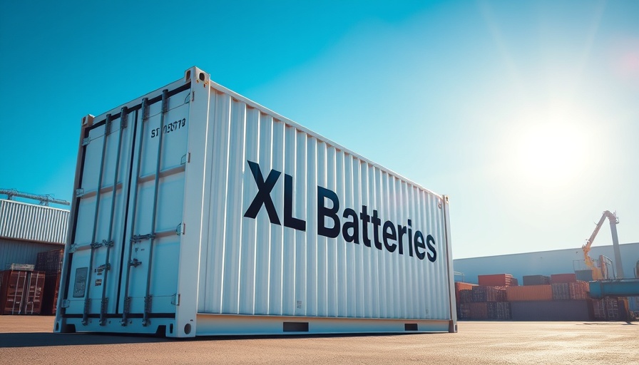 Renewable energy storage container with XL Batteries label.