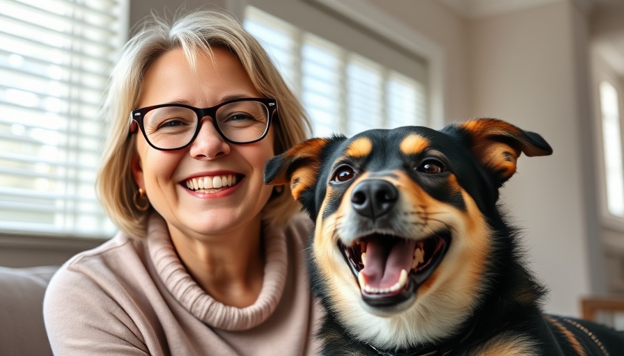 Cheerful middle-aged woman with glasses and dog indoors