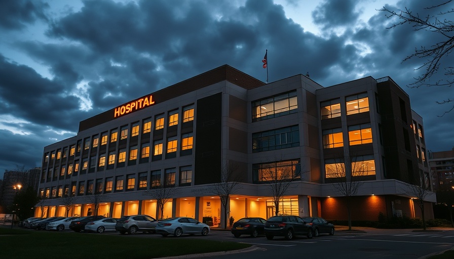 Zero Suicide Model hospital entrance evening scene with lit windows.