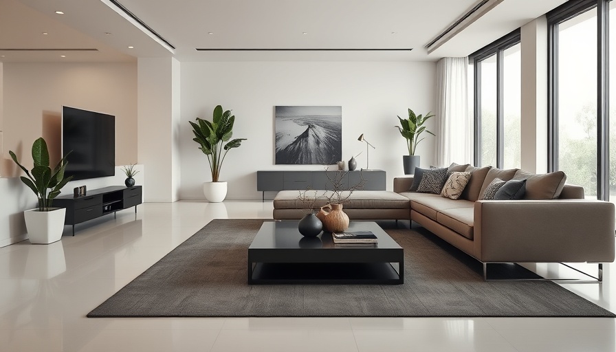 Minimalist living room interior design with modern furniture and decor.