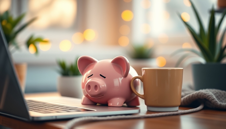 Pink piggy bank near laptop and mug symbolizing frugality and smart living.