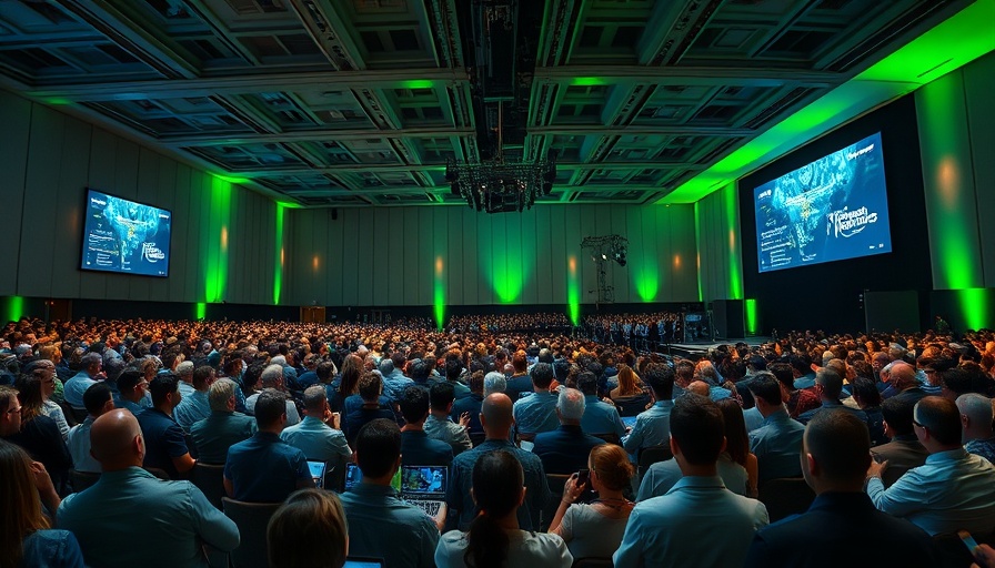 Tech conference hall, audience focused on AI insights for startups.