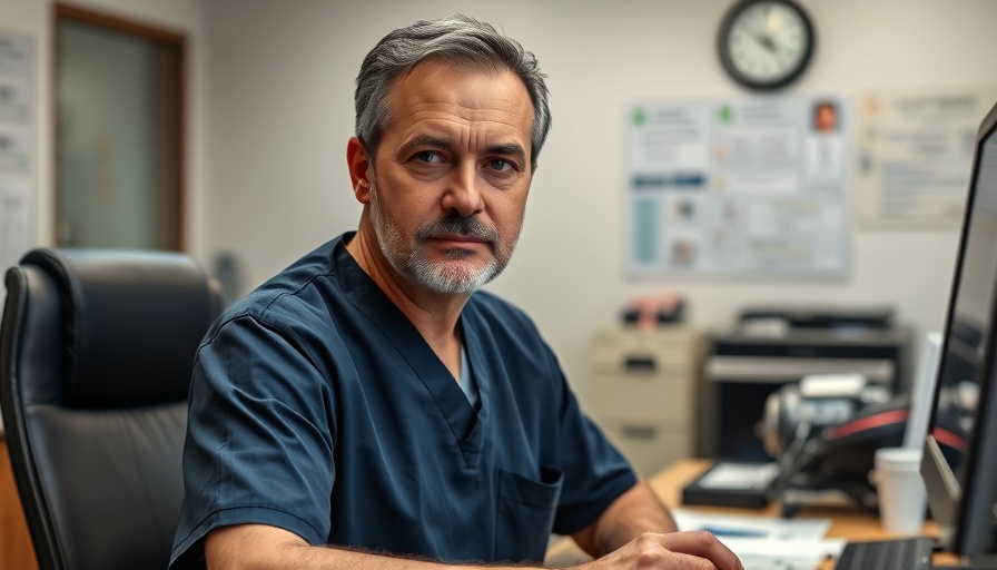 Middle-aged man in medical scrubs seated at desk in office, medical impersonation.