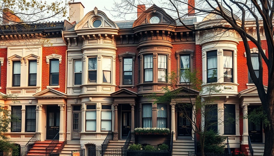 Charming row of historic townhouses with greenery, urban setting.