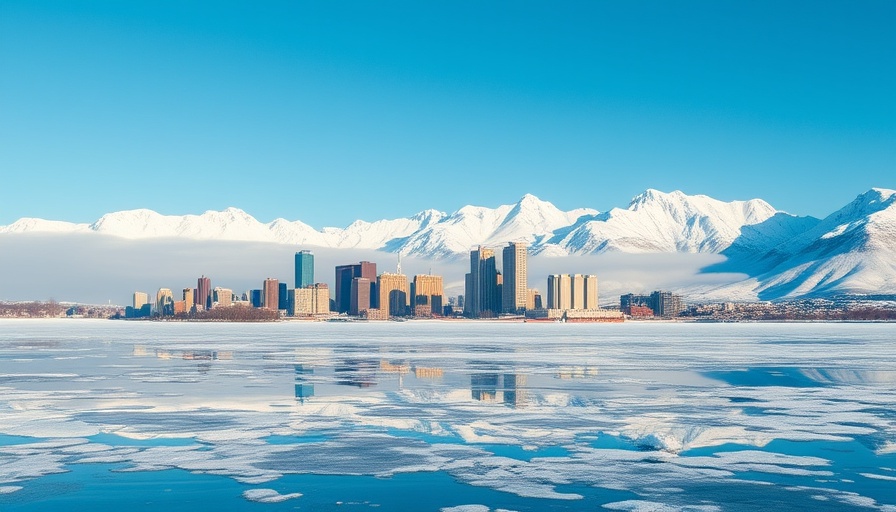 Snow-covered city skyline with snowy mountains in a cold U.S. state.