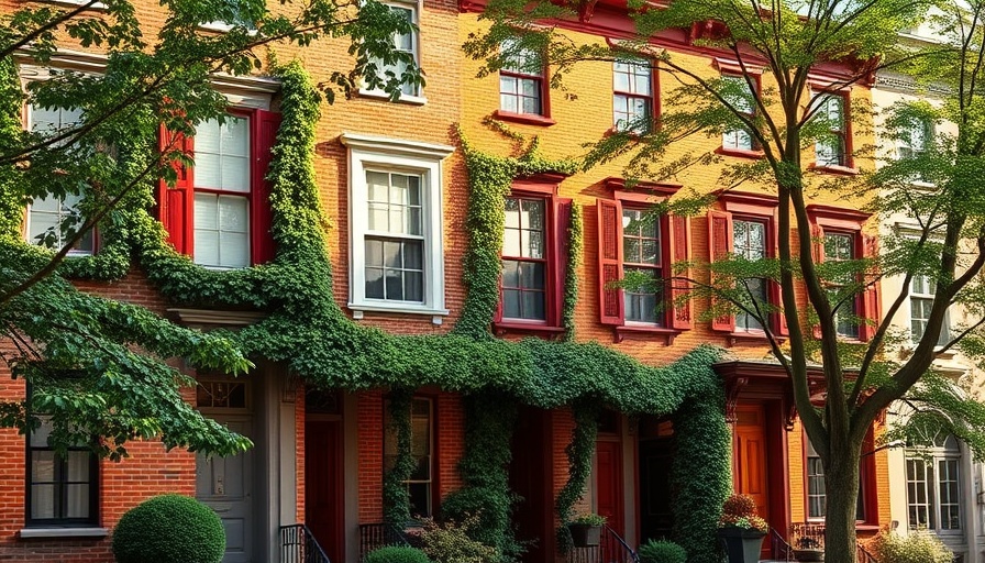 Historic townhouse facades with ivy, urban charm in sunlight.