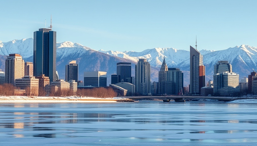 Snowy urban skyline with mountains in colder U.S. states.