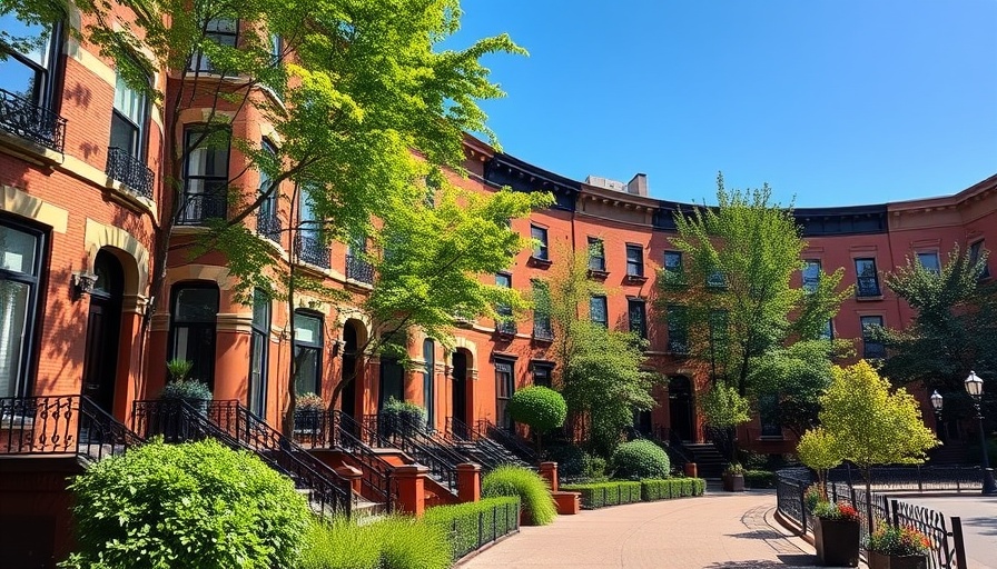 Charming townhouse row with lush greenery, perfect for backyard ideas.