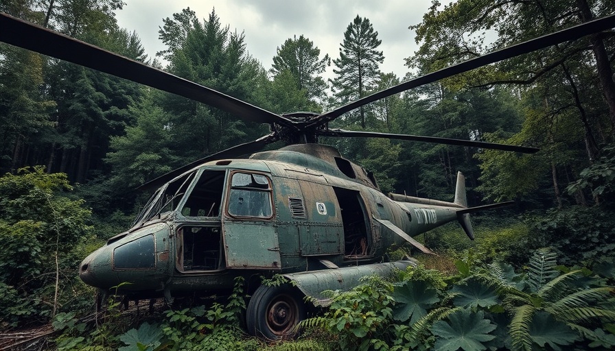 Abandoned helicopter in overgrown forest from Atomfall video game.