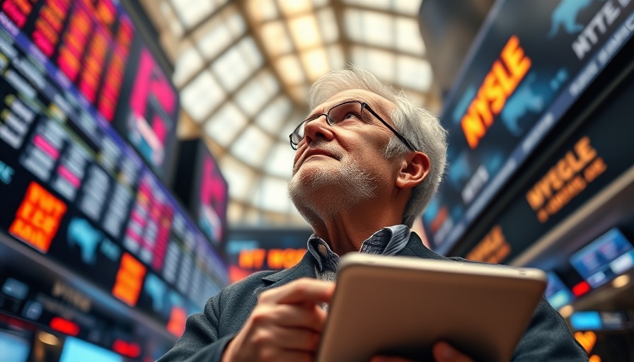Elderly man in stock exchange looking upwards with colorful tickers.