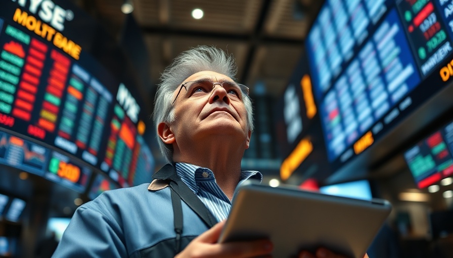 Older man observing stock market news on digital screens.