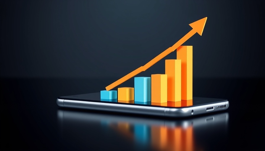 Financial graphic with 3D charts and arrow on smartphone