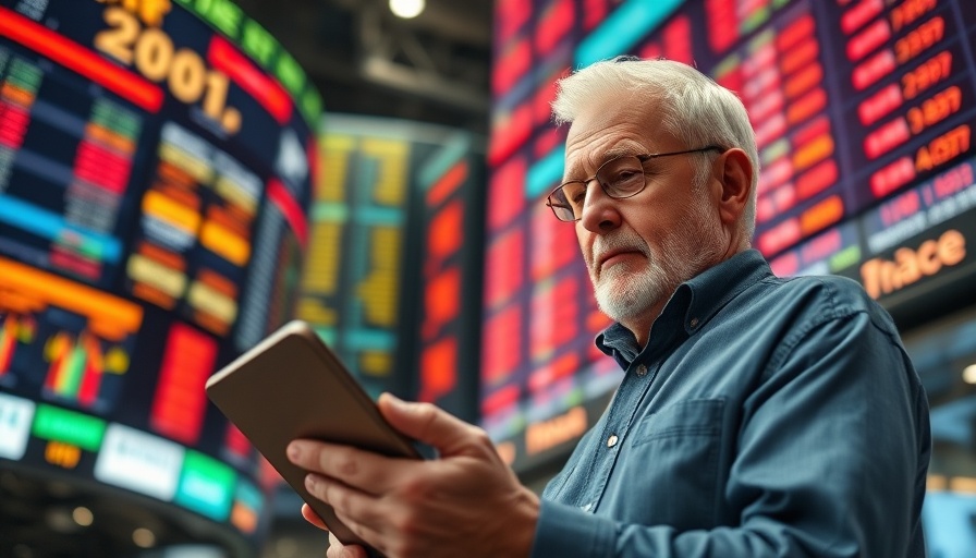 Older man observing stock market data in a busy exchange.